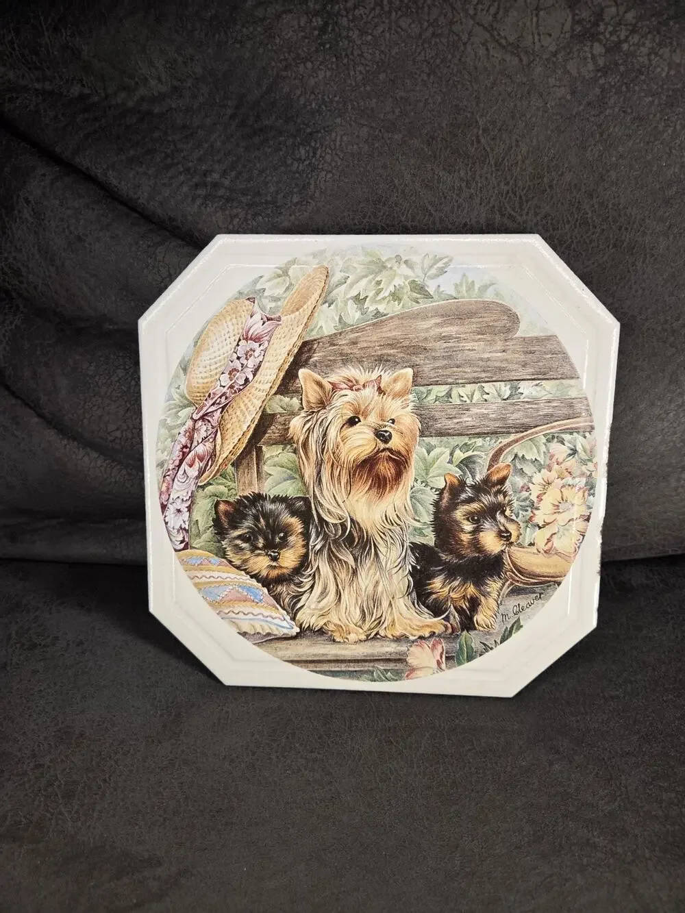 Vintage M Cleaver Yorkshire Terrier Ceramic Tile Trivet Yorkie Dog Plaque 8